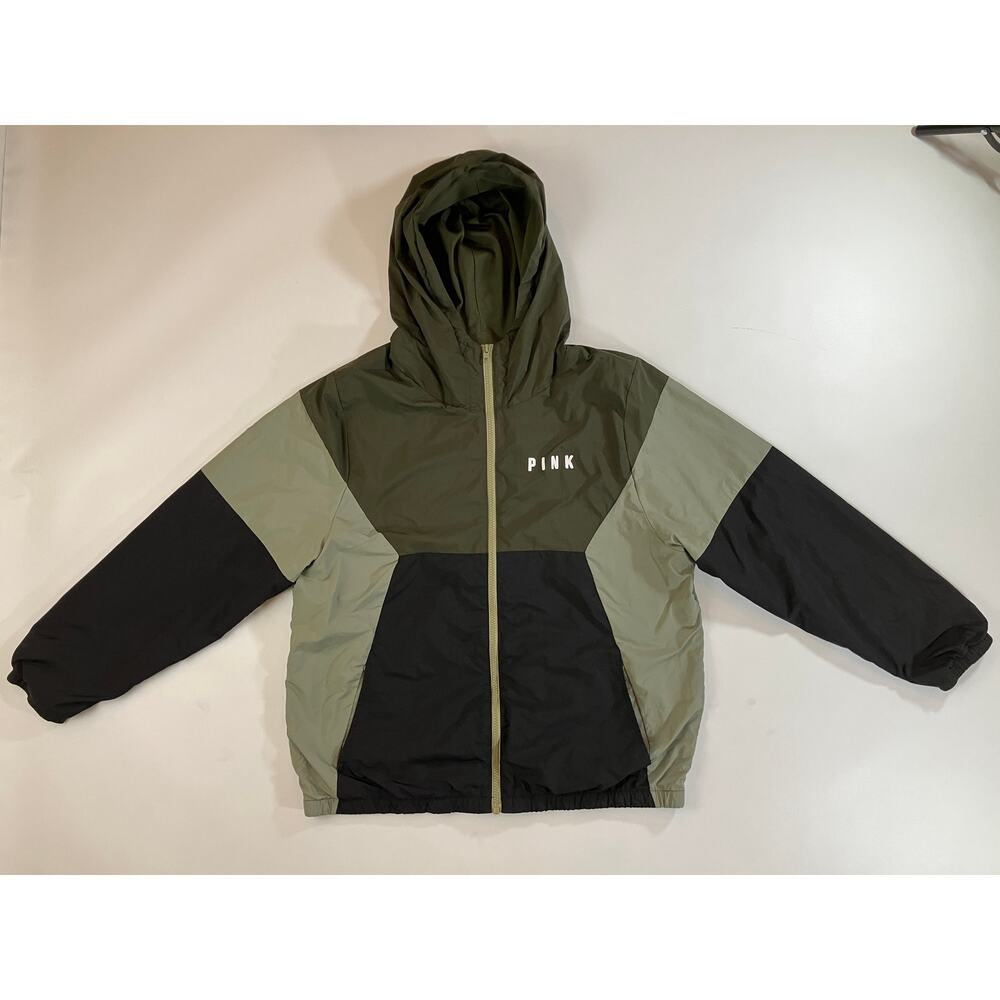 Victoria’s Secret PINK Women’s M/L Colorblock Hooded Windbreaker Green Black
